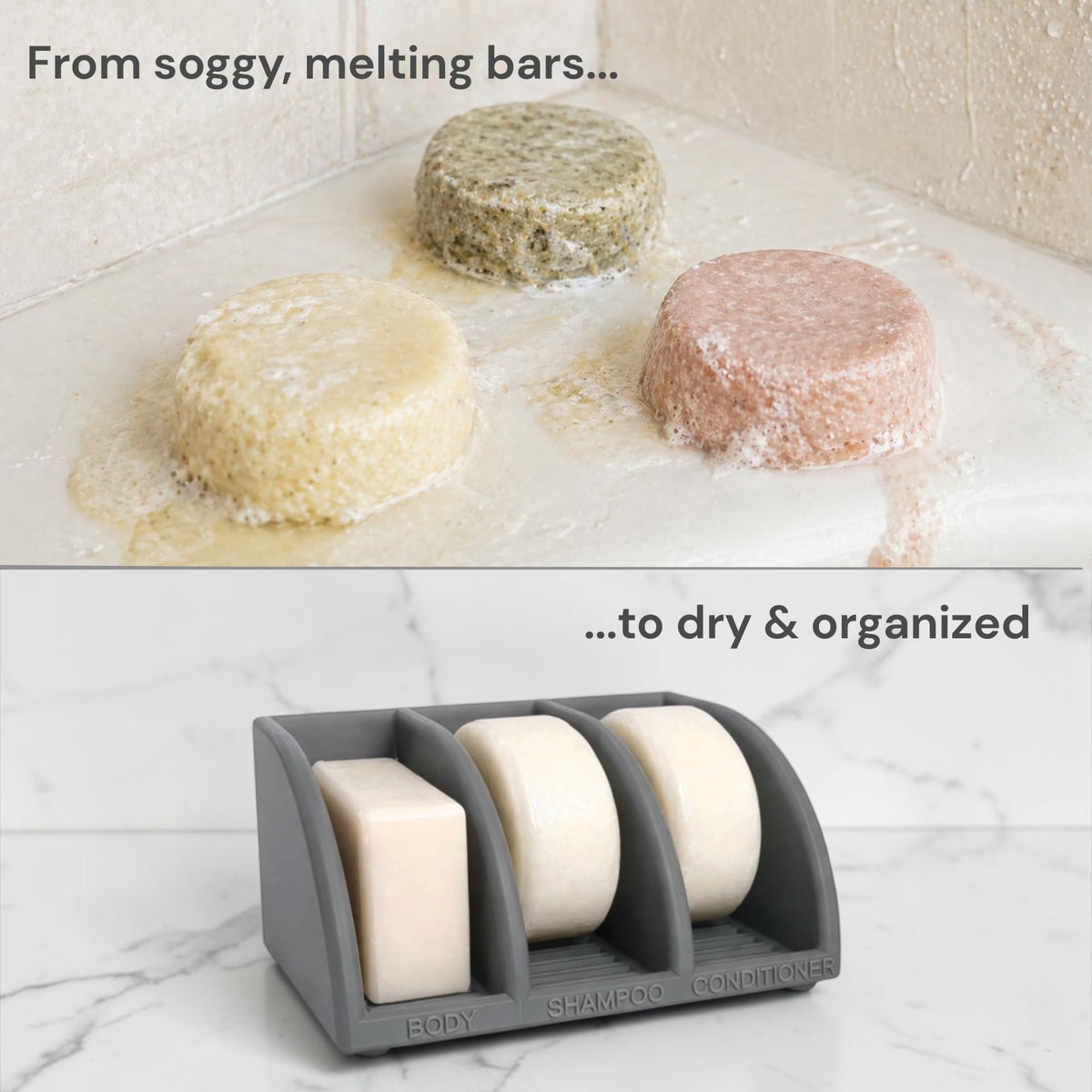 Essence & Abode shower organizer with drainage promotes quick drying and mess-free showers.