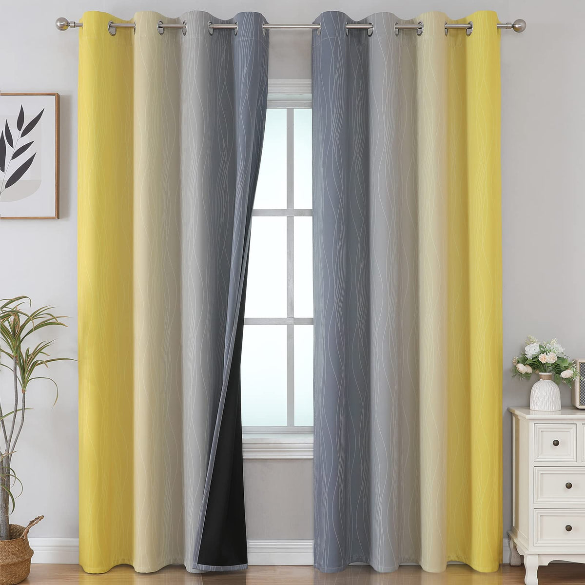 Estelar Textiler grey-yellow ombre blackout curtain panel blocks light for living rooms
