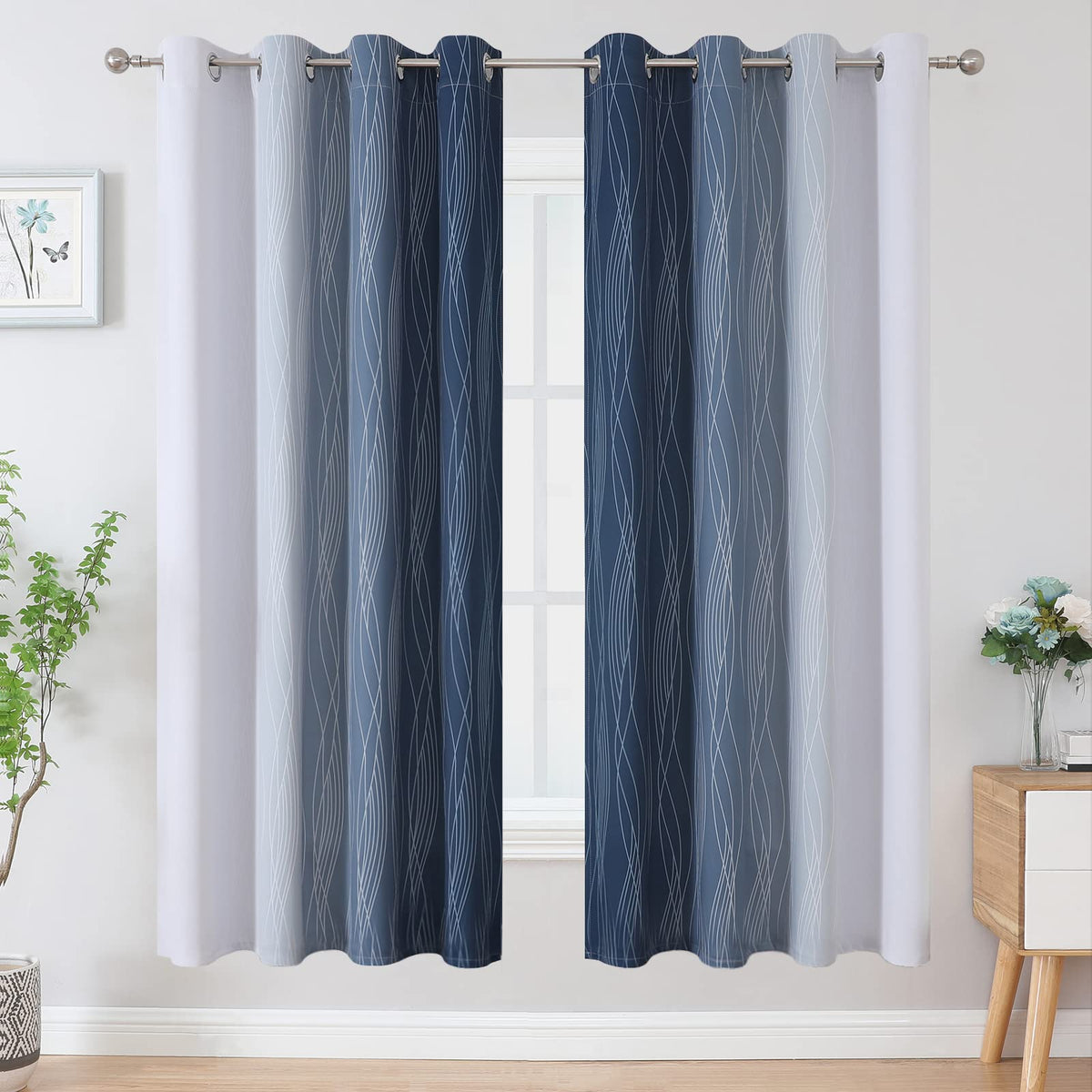 Close-up of the navy to grayish white ombre gradient and fabric texture.