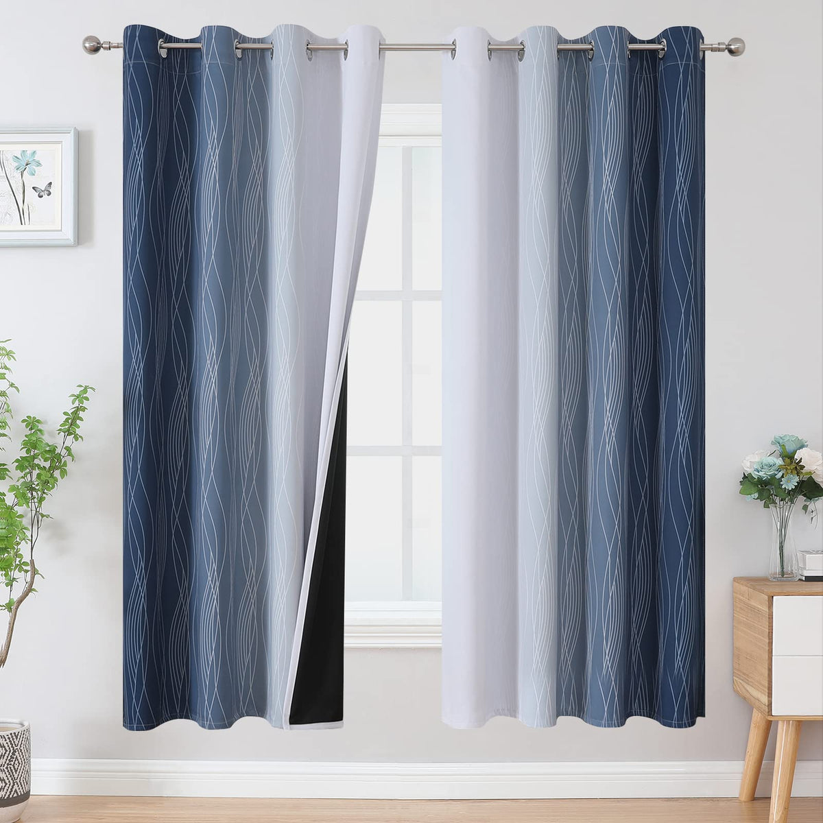 Estelar Textiler ombre blackout curtains, navy and grayish white gradient, full room darkening and privacy.