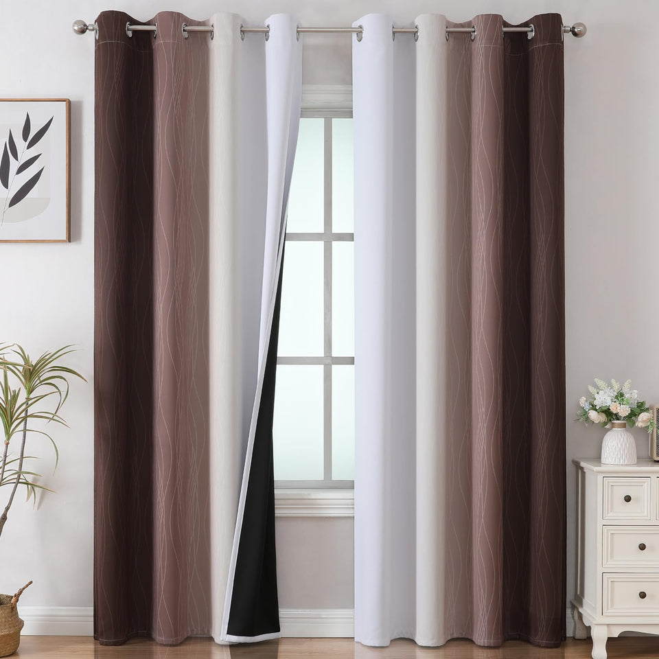 Estelar Textiler brown to grey ombre blackout curtain panel in bedroom for restful ambience.