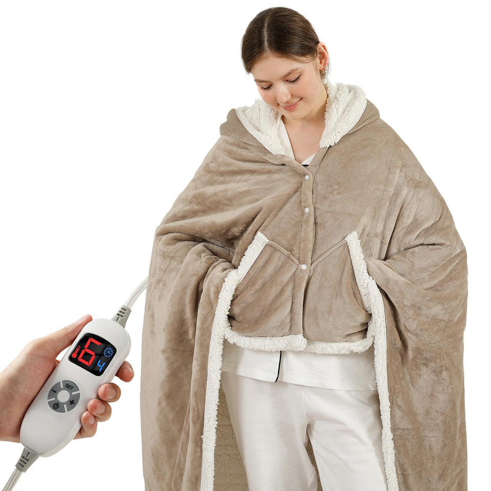 ESTINGO heated blanket hoodie on model offering full-coverage lounging warmth