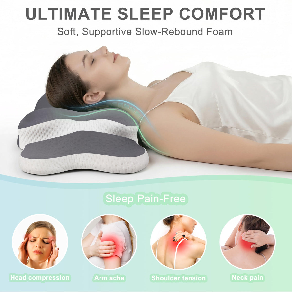 Esup neck pillow supporting back, side, and stomach sleepers for versatile comfort.