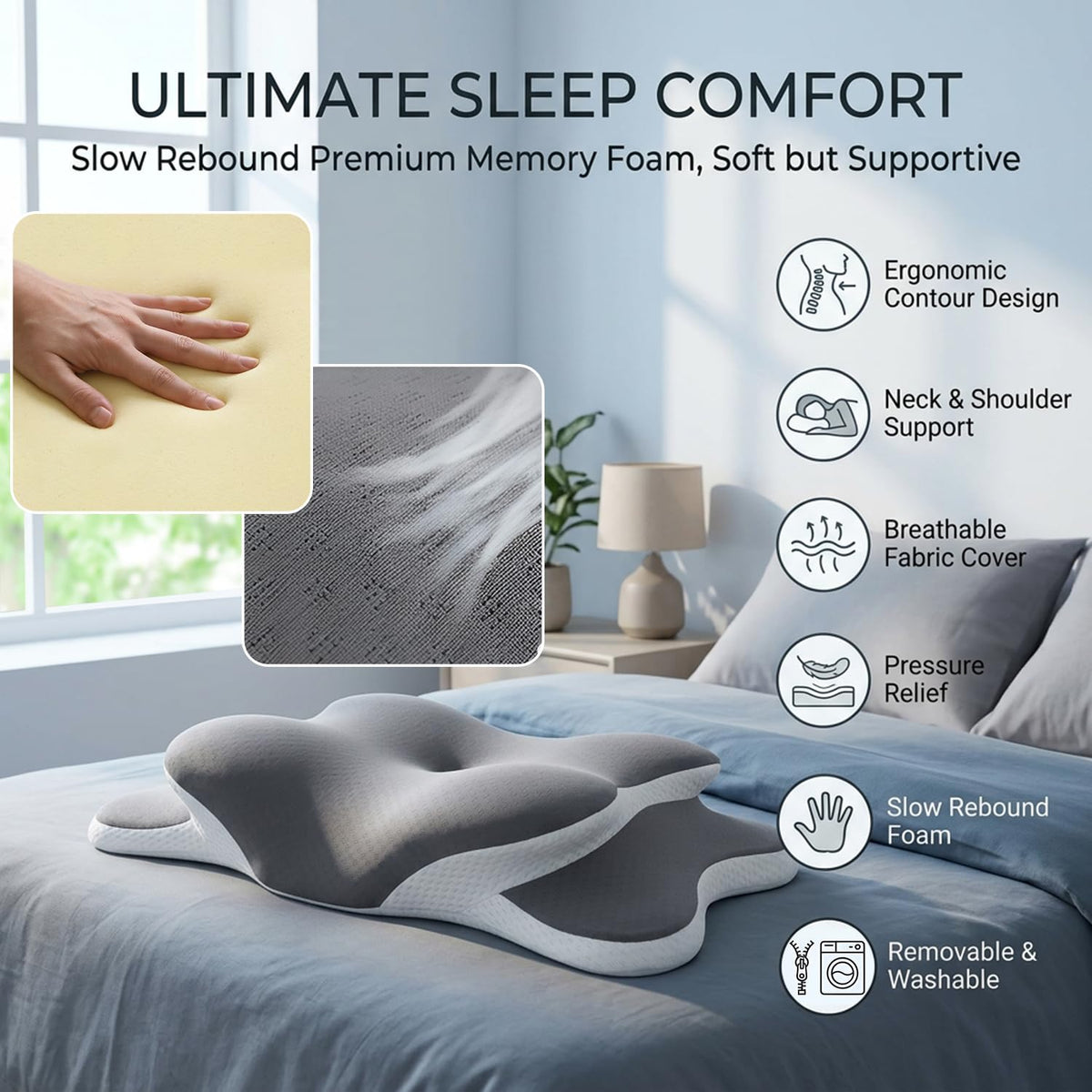 Esup pillow showing ventilated cooling cover to promote breathable sleep.