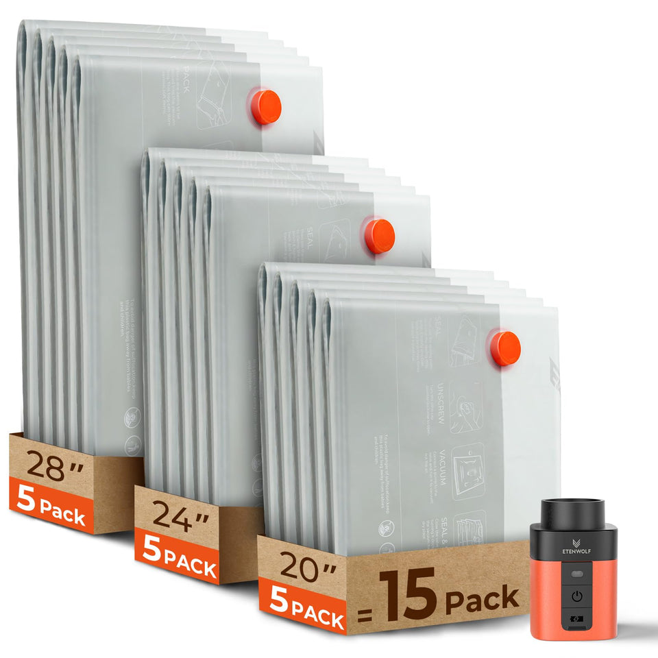 ETENWOLF 15-pack vacuum bags in 3 sizes for compact closet storage.