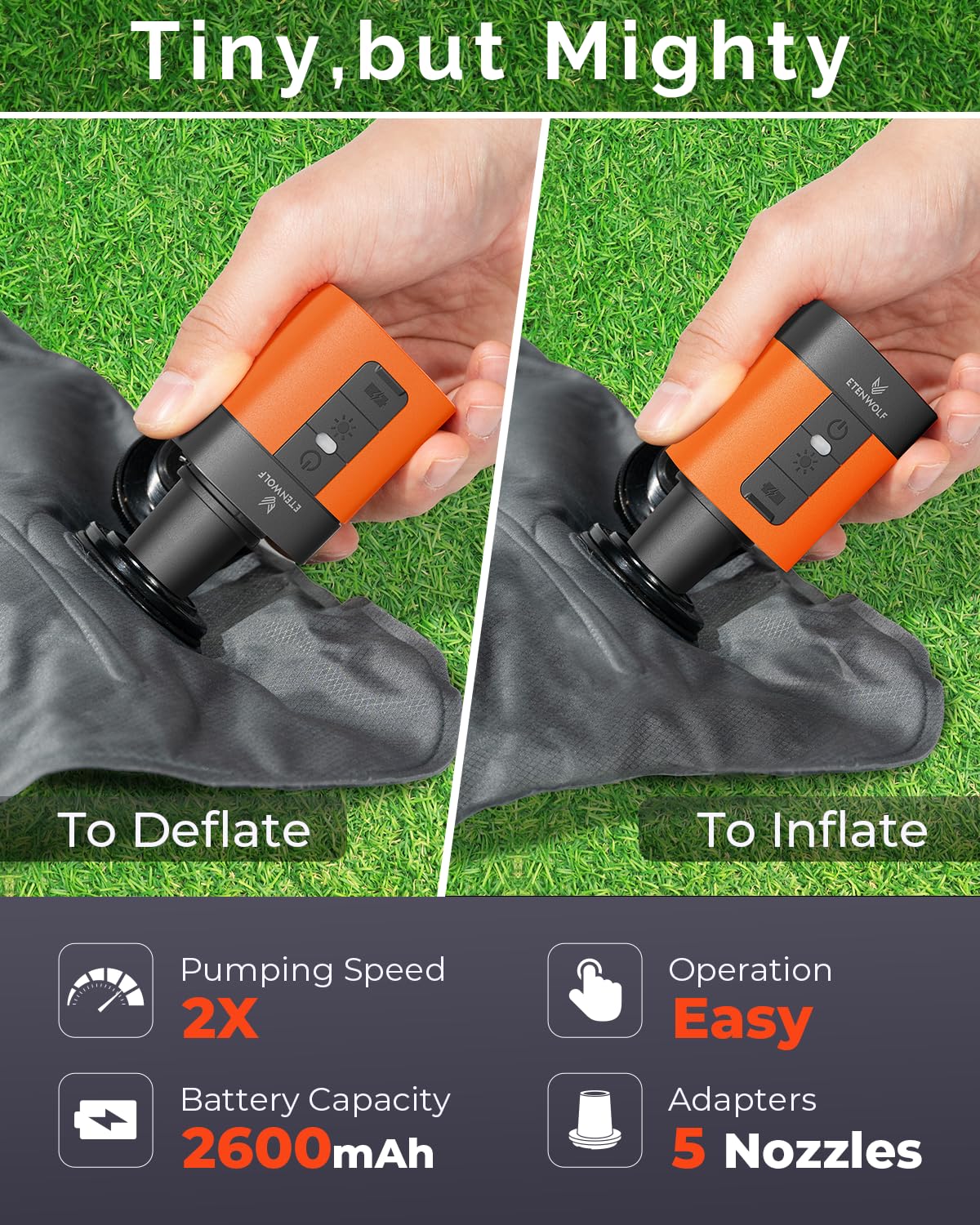 ETENWOLF AIR 3 2600mAh battery powering rapid inflations on the go.