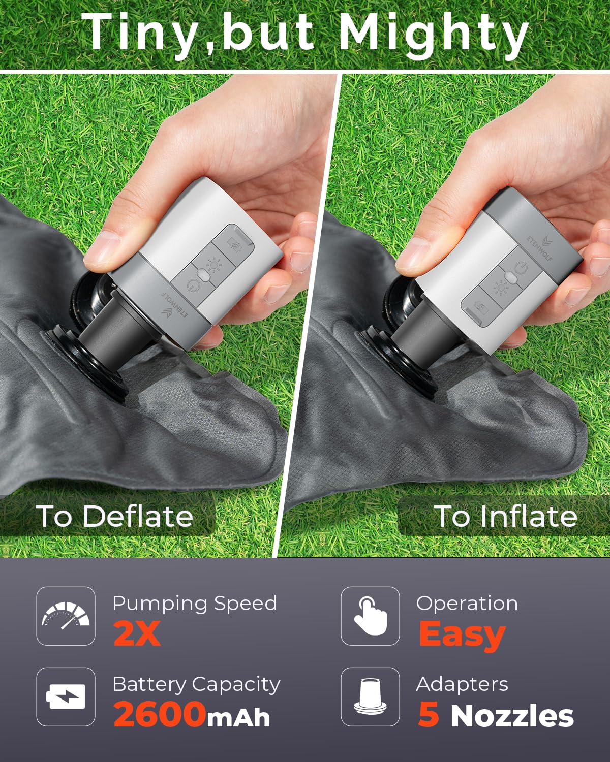 ETENWOLF AIR 3 rapid inflation capability for air mattresses and pool floats.