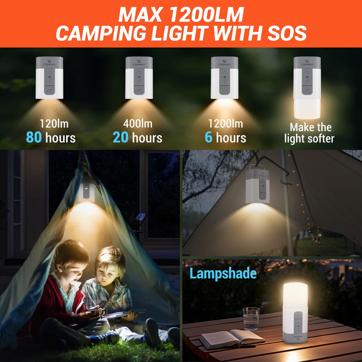 ETENWOLF air pump camping light at 1200 lumens for outdoor visibility