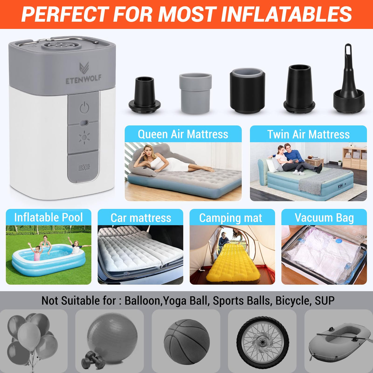 ETENWOLF pump with five nozzles for multiple inflatables