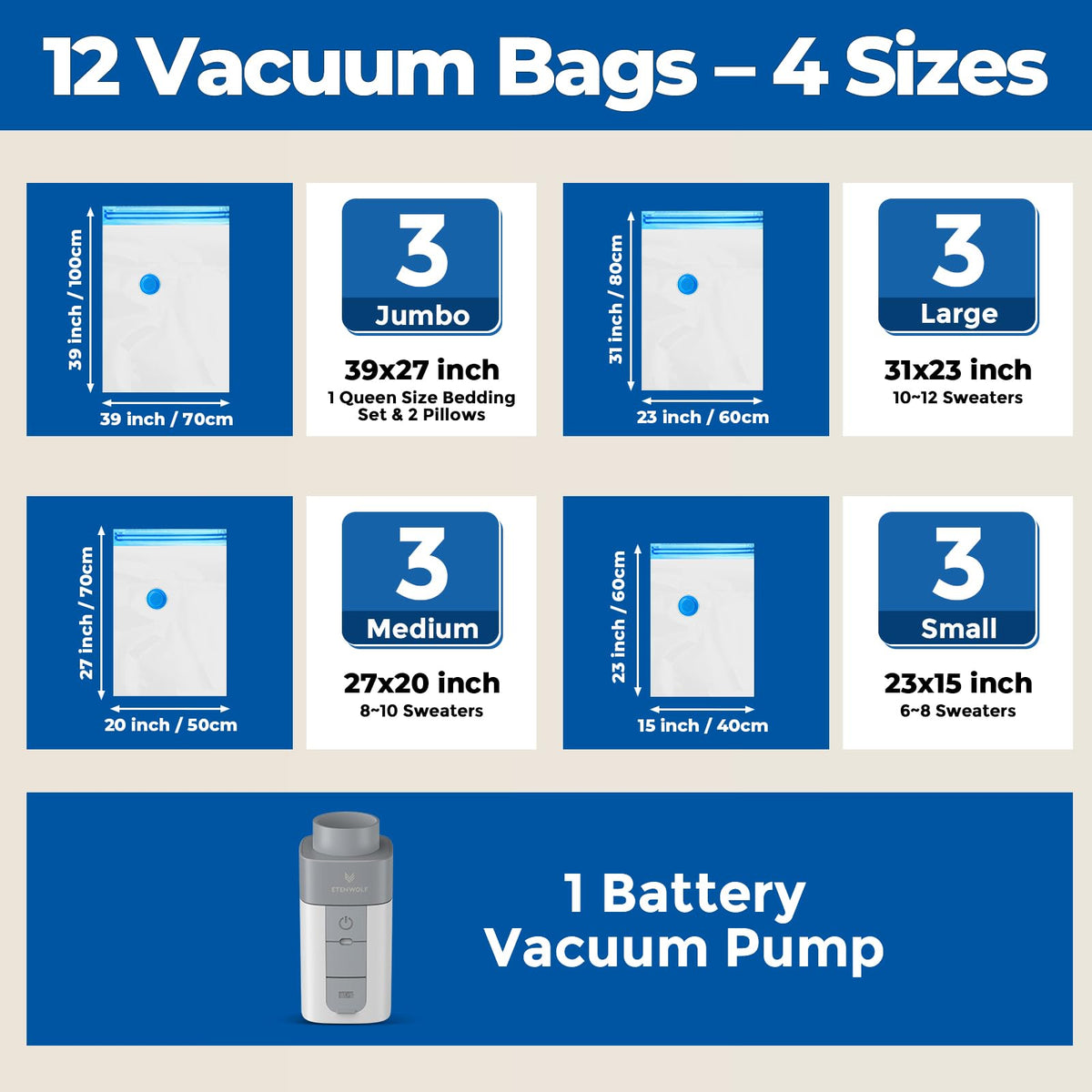 ETENWOLF small vacuum bag size for accessories.