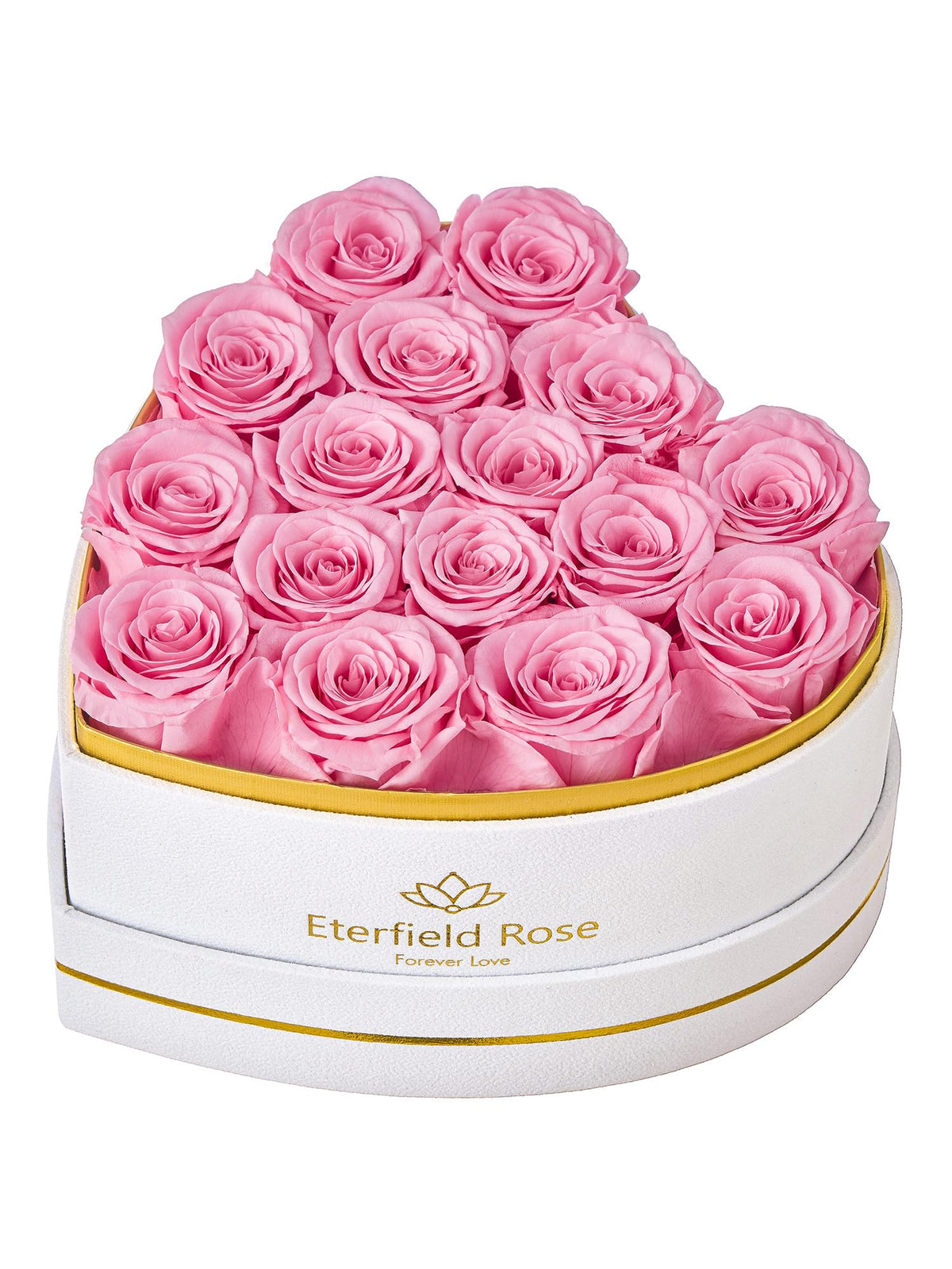 Eterfield 16 Forever Flowers in a pink heart box with preserved roses lasting a year