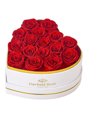 Eterfield 16 Forever Roses in a heart-shaped white suede box for lasting gifting.