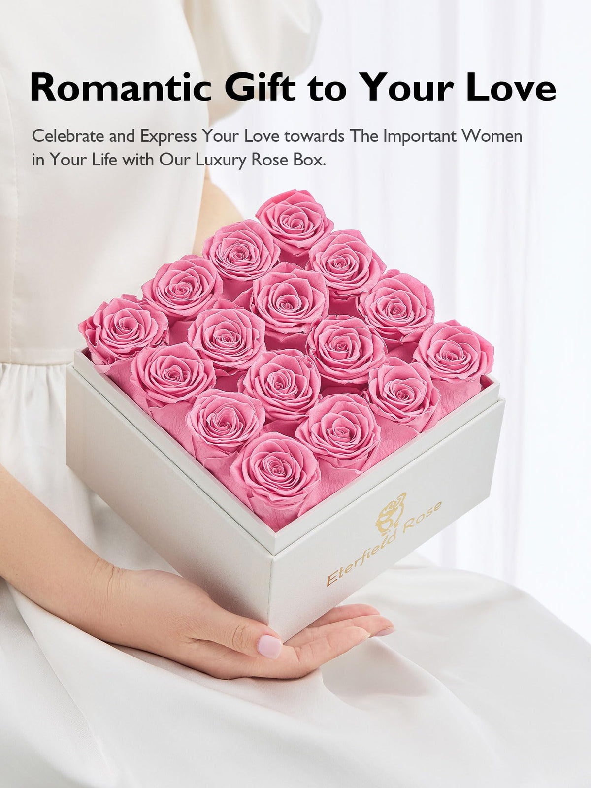 Eterfield clear acrylic lid rose box showcases 16 preserved roses beautifully.