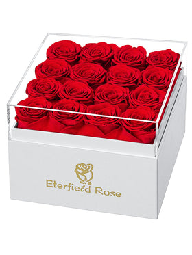 Eterfield Forever Flowers: 16 red preserved roses in a square white box for lasting beauty.