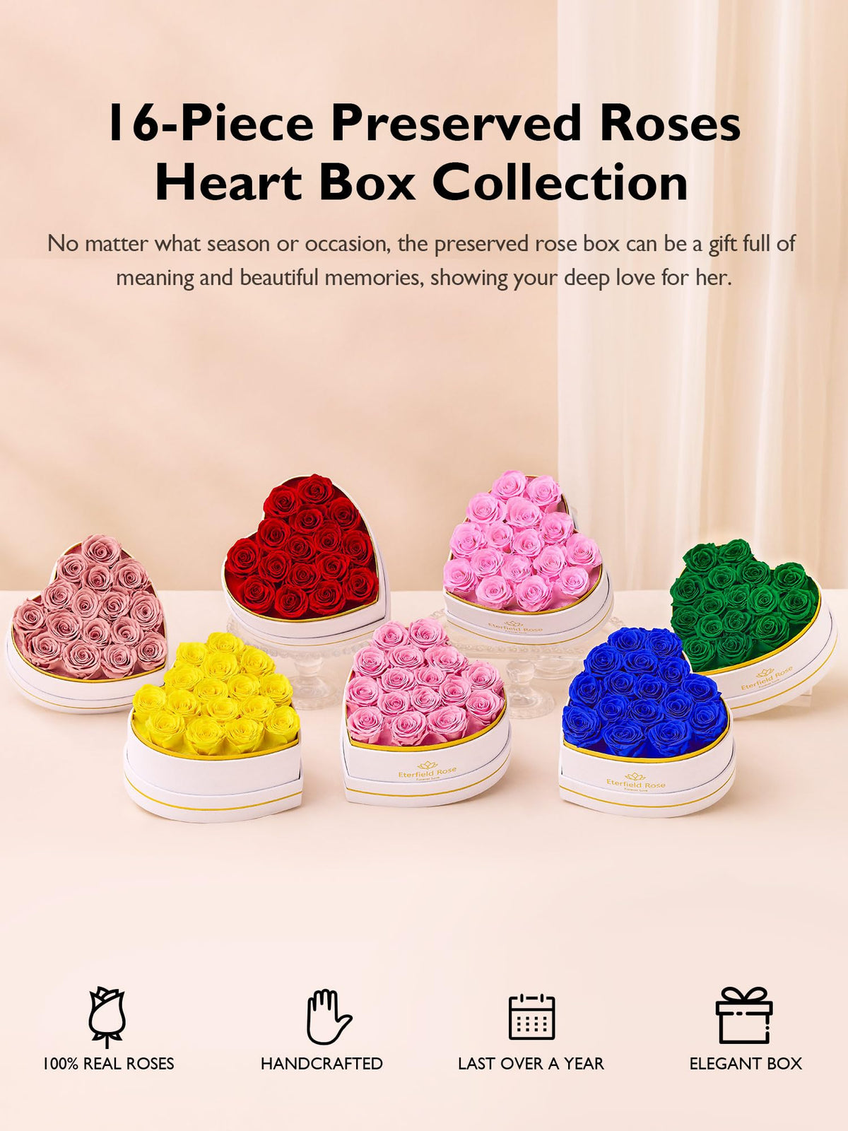 Maintenance-free preserved roses stay vibrant without watering or sunlight, by Eterfield.