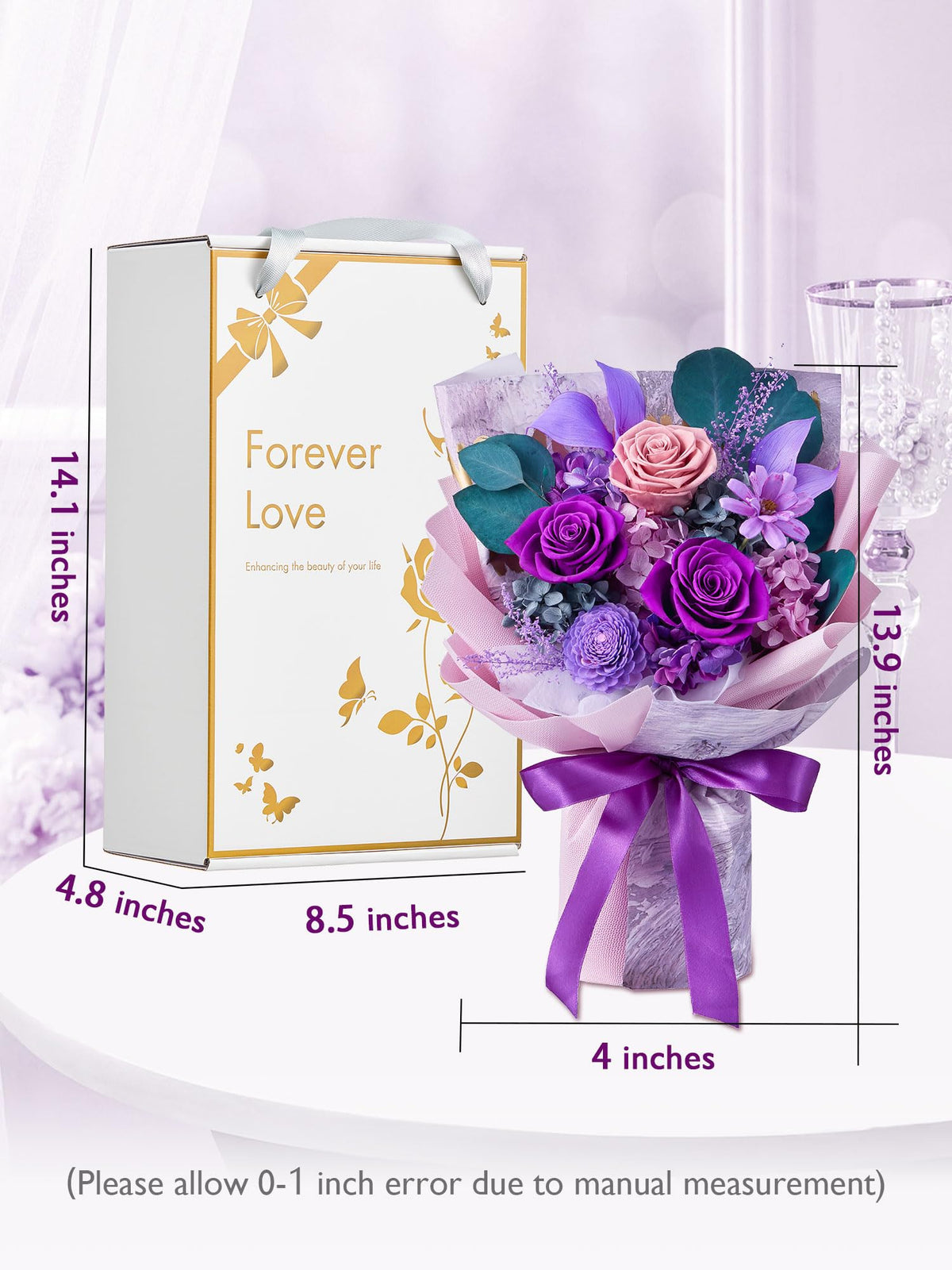 Eterfield preserved roses close view of purple and dusty pink arrangement enduring color.
