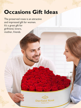 Eterfield preserved roses in a white heart box with a PVC cover protecting petals.
