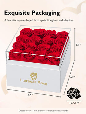 Eterfield rose box with luxury white square presentation and acrylic lid.
