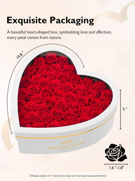 Eterfield white suede heart box opened to reveal 47 long-lasting roses.