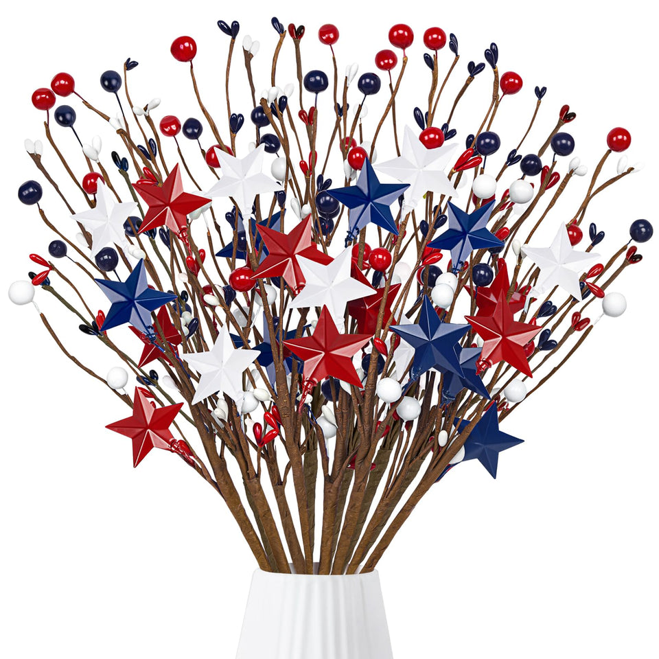 Eternity sky 4th of July berry stems add festive color to centerpieces.