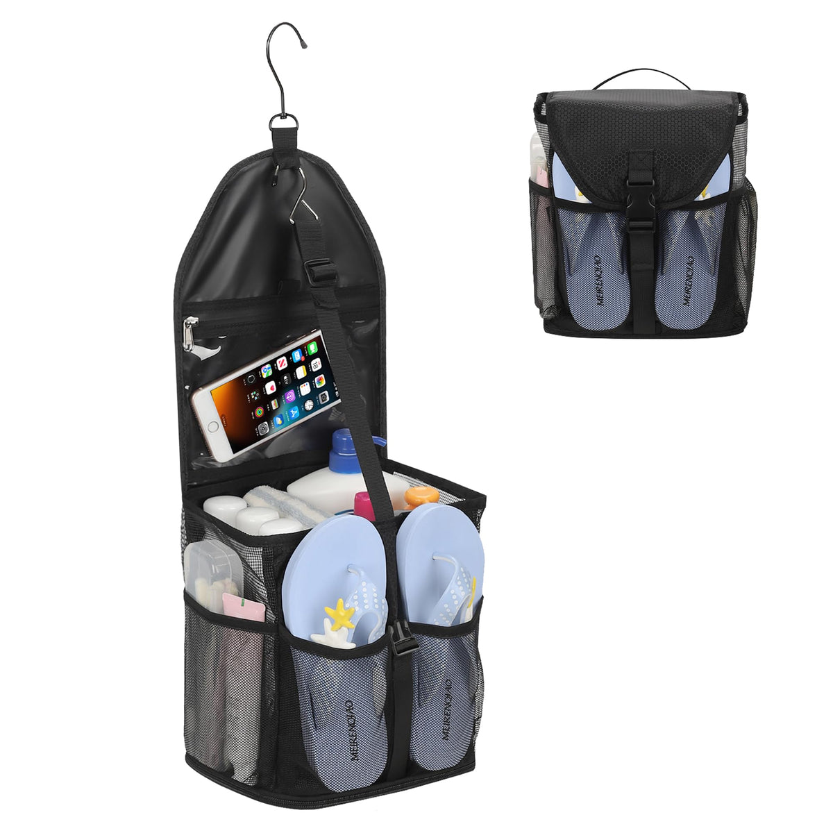 Ethereal hanging mesh shower caddy in dorm setup for organized essentials.