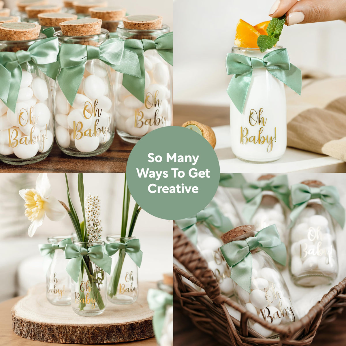 Ethisa sage green ribbons on baby shower favors add color
