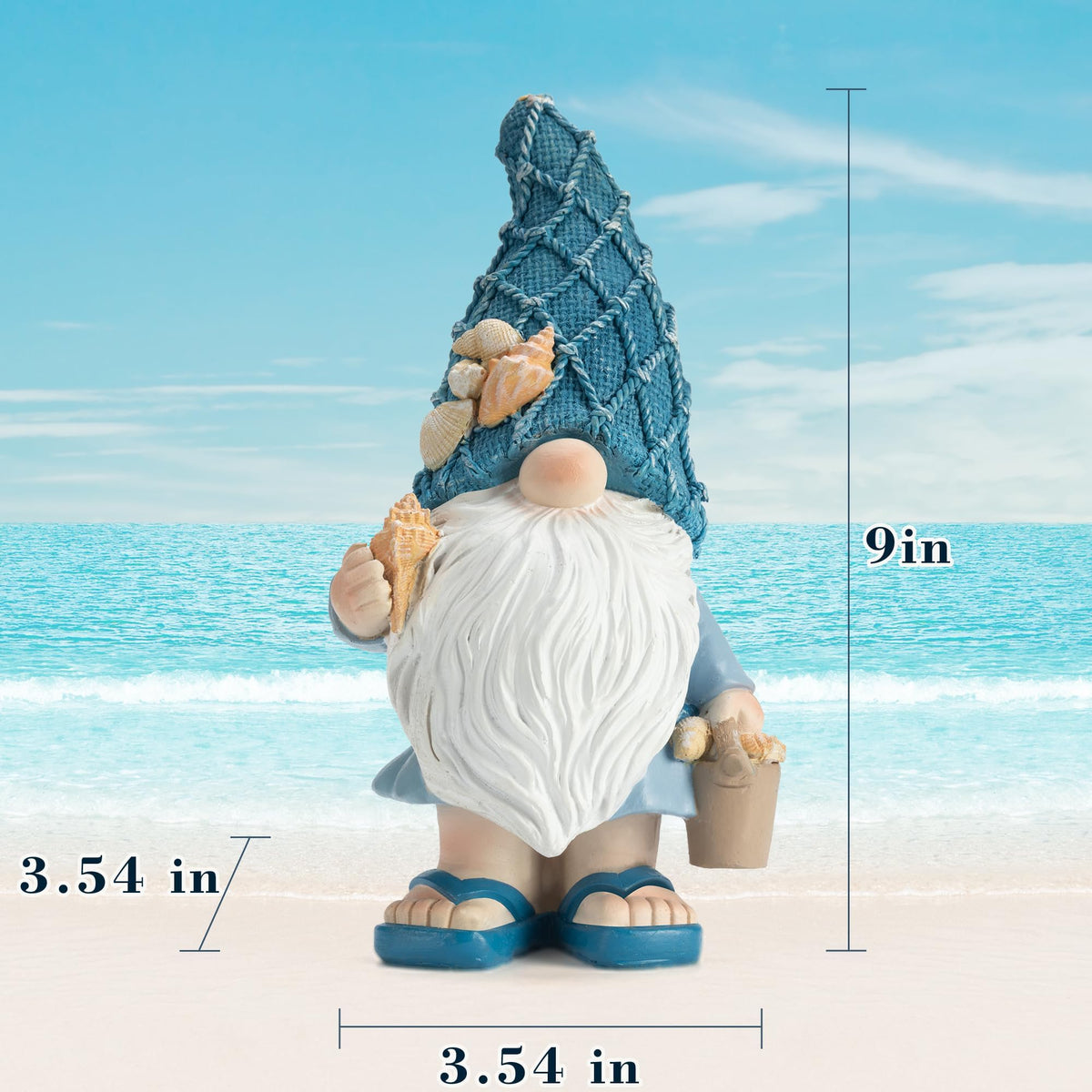 Etlemonde Beach Gnomes with bucket of shells adds nautical charm to gardens.