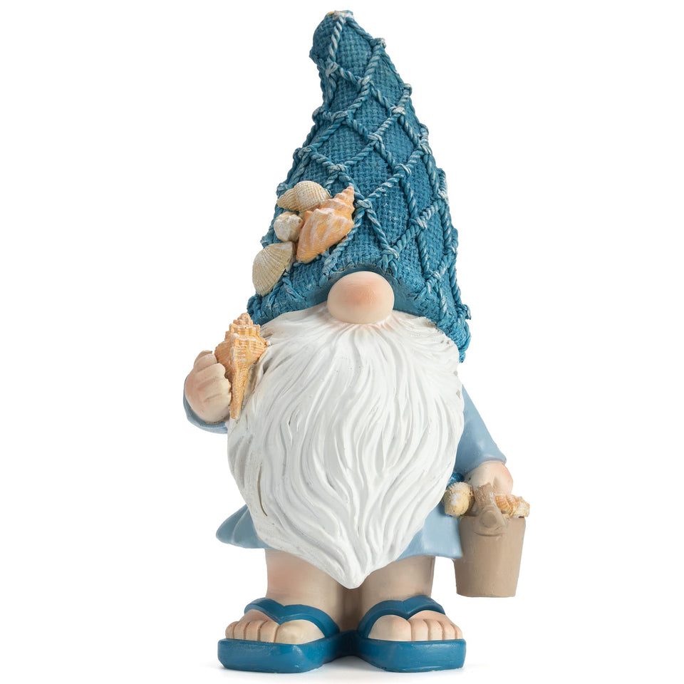 Etlemonde Beach Gnomes Statue with conch in hand, weatherproof for outdoor spaces.