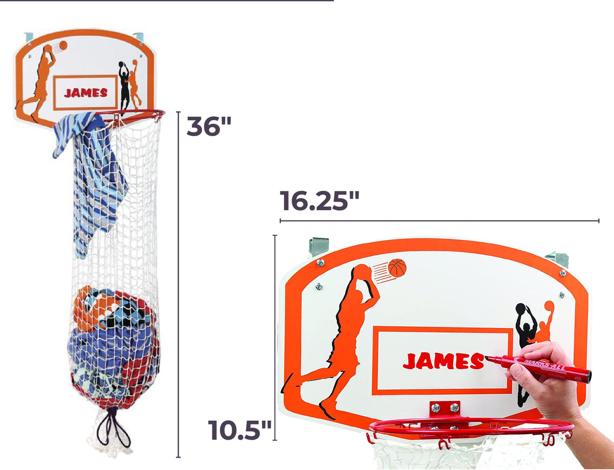 Etna basketball-themed room décor complements a child's space while containing laundry.