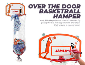 Etna dunk-action basketball hamper invites kids to store laundry after play.