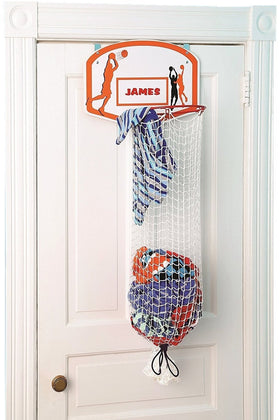 Etna over-the-door basketball hamper mounted on a door saves floor space.