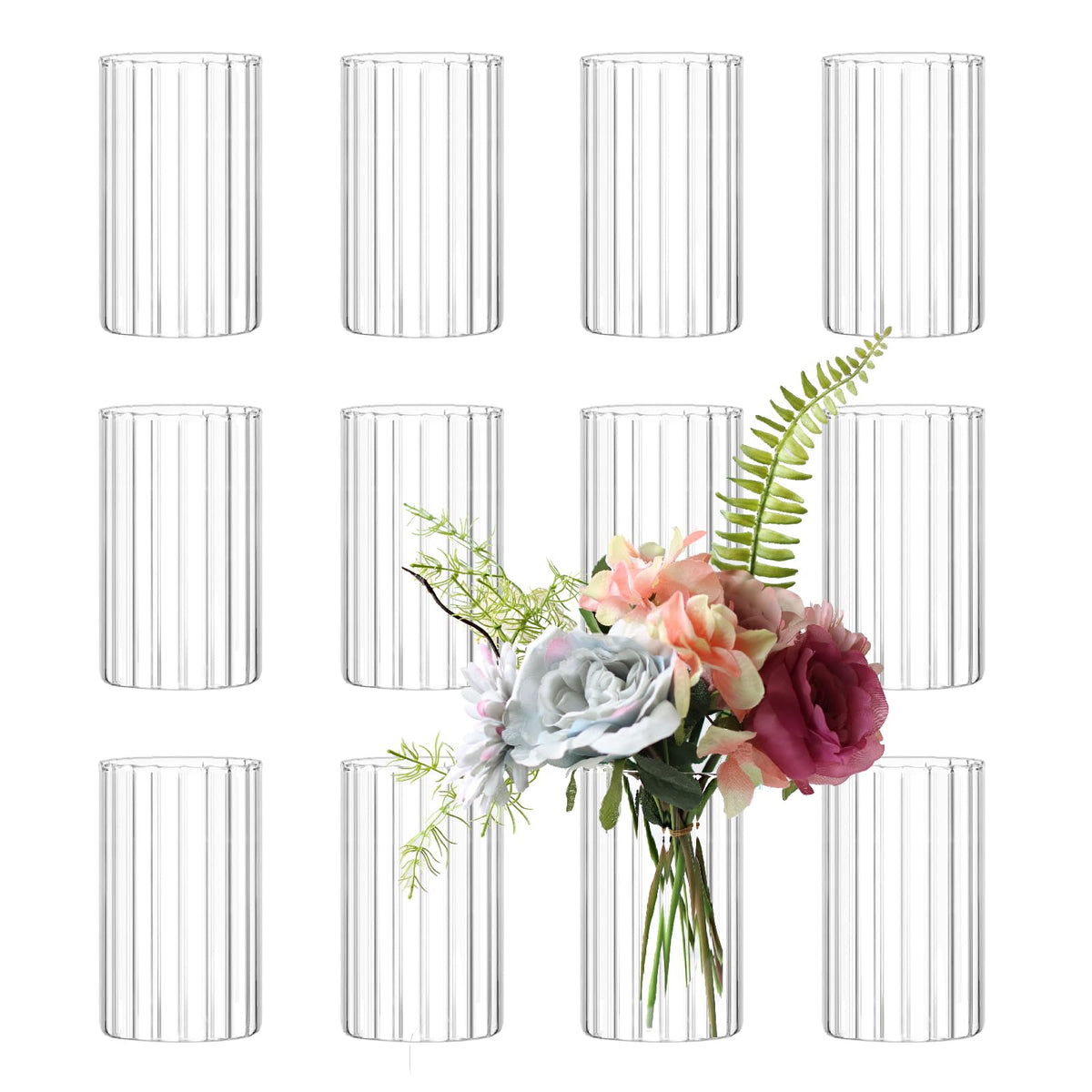 Etolies 12-pack ribbed glass cylinder vases for centerpieces with elegant reflective surfaces