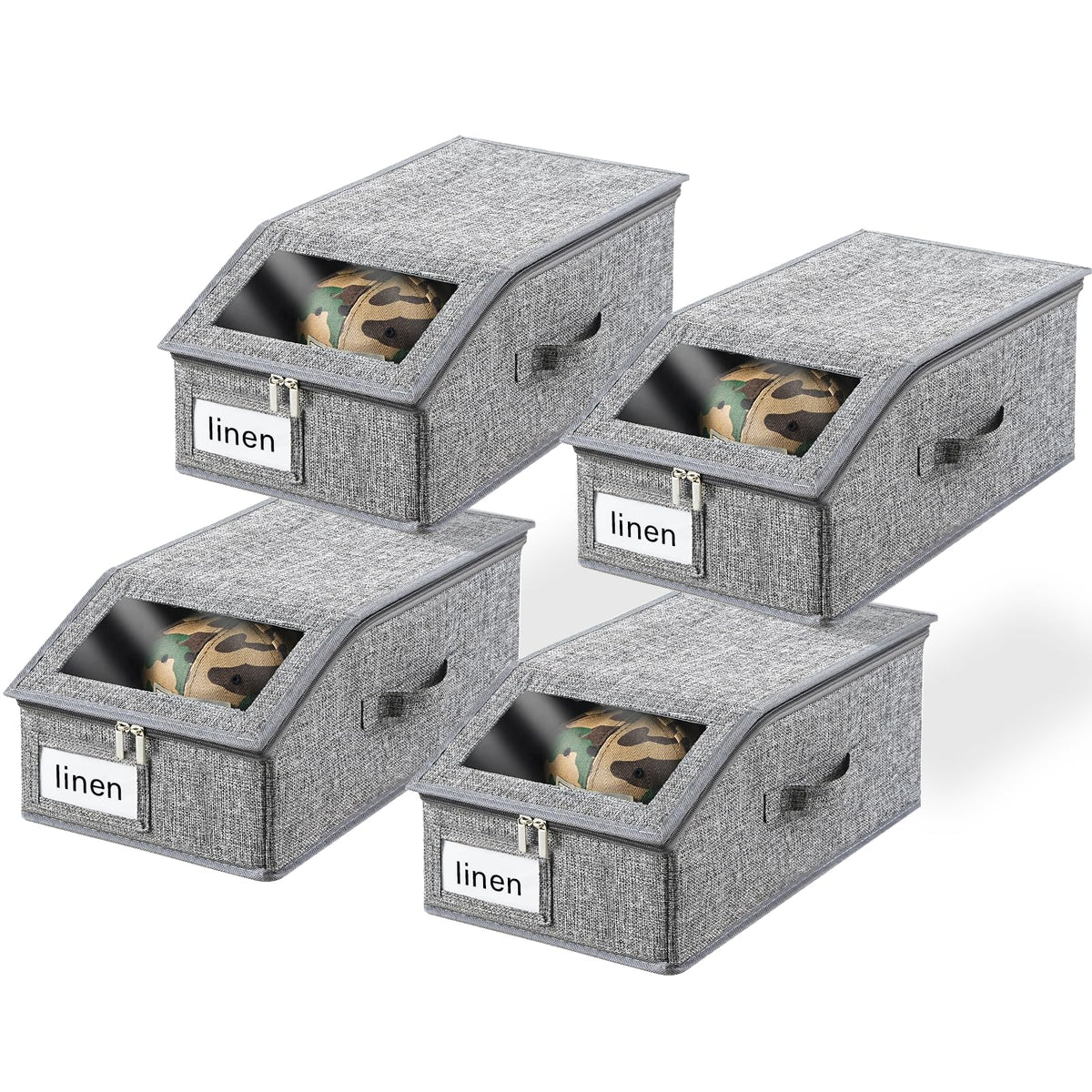 Euct four-pack grey hat organizer with transparent window keeps hats visible and accessible.