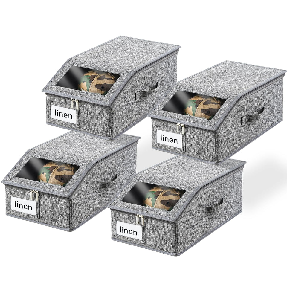 Euct four-pack grey hat organizer with transparent window keeps hats visible and accessible.