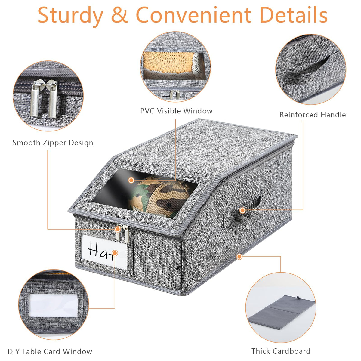 Euct hat organizer with zipper enables easy access and quick reorganization.