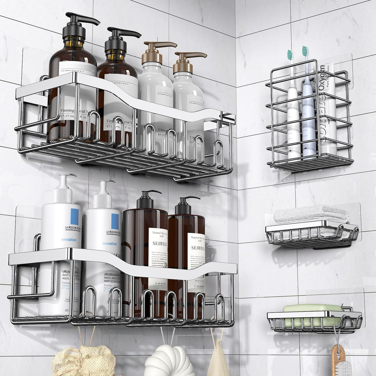 EUDELE 5-pack shower caddy set keeps bathroom essentials neatly organized and accessible.
