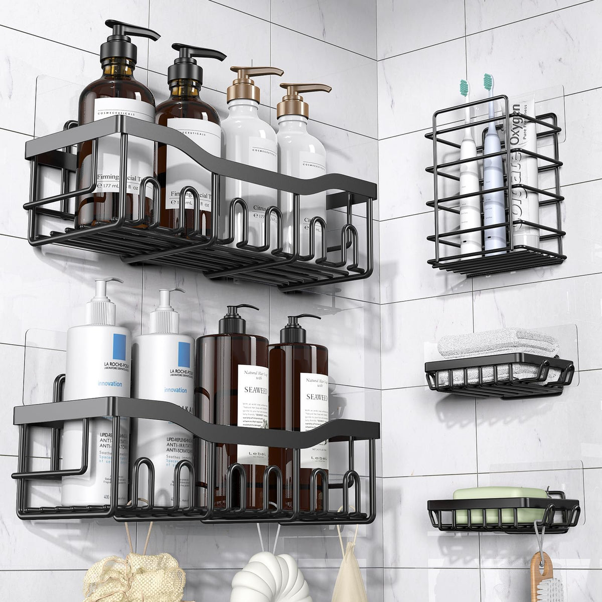 EUDELE adhesive shower caddy 5-piece set mounted on wall for organized storage