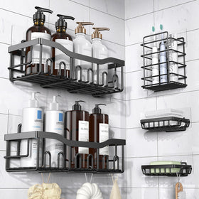 EUDELE adhesive shower caddy 5-piece set mounted on wall for organized storage