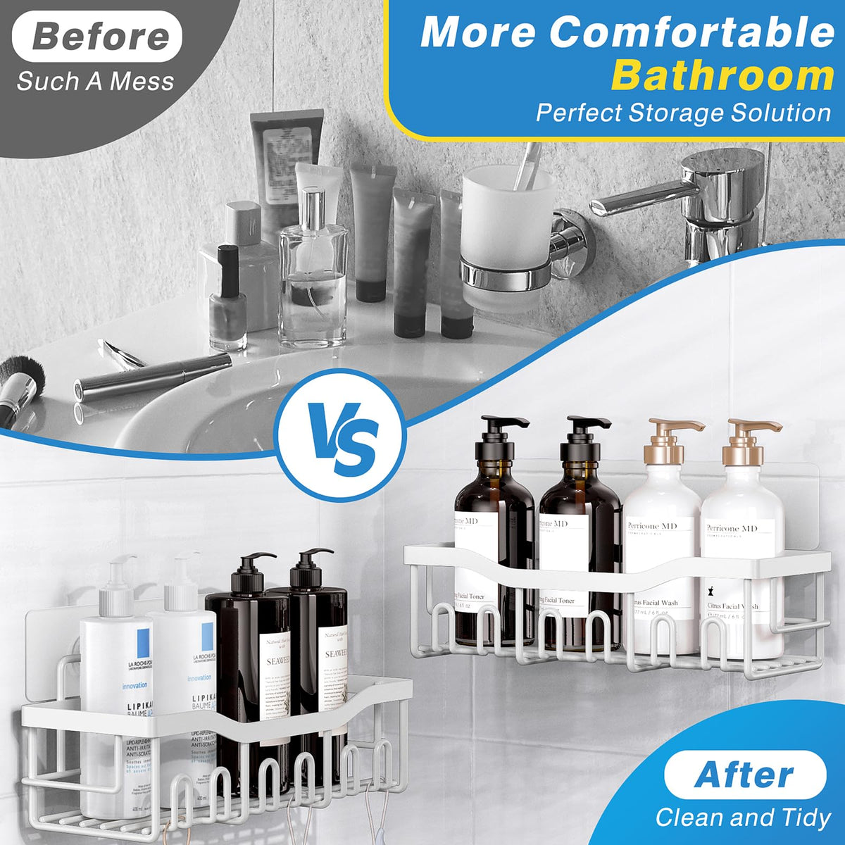 EUDELE adhesive bathroom organizer attaches without drilling for secure wall storage.