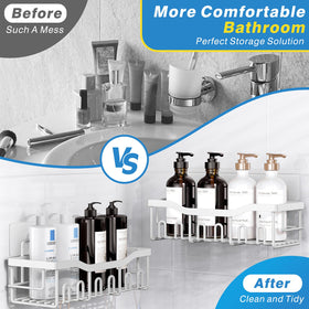 EUDELE adhesive bathroom organizer attaches without drilling for secure wall storage.