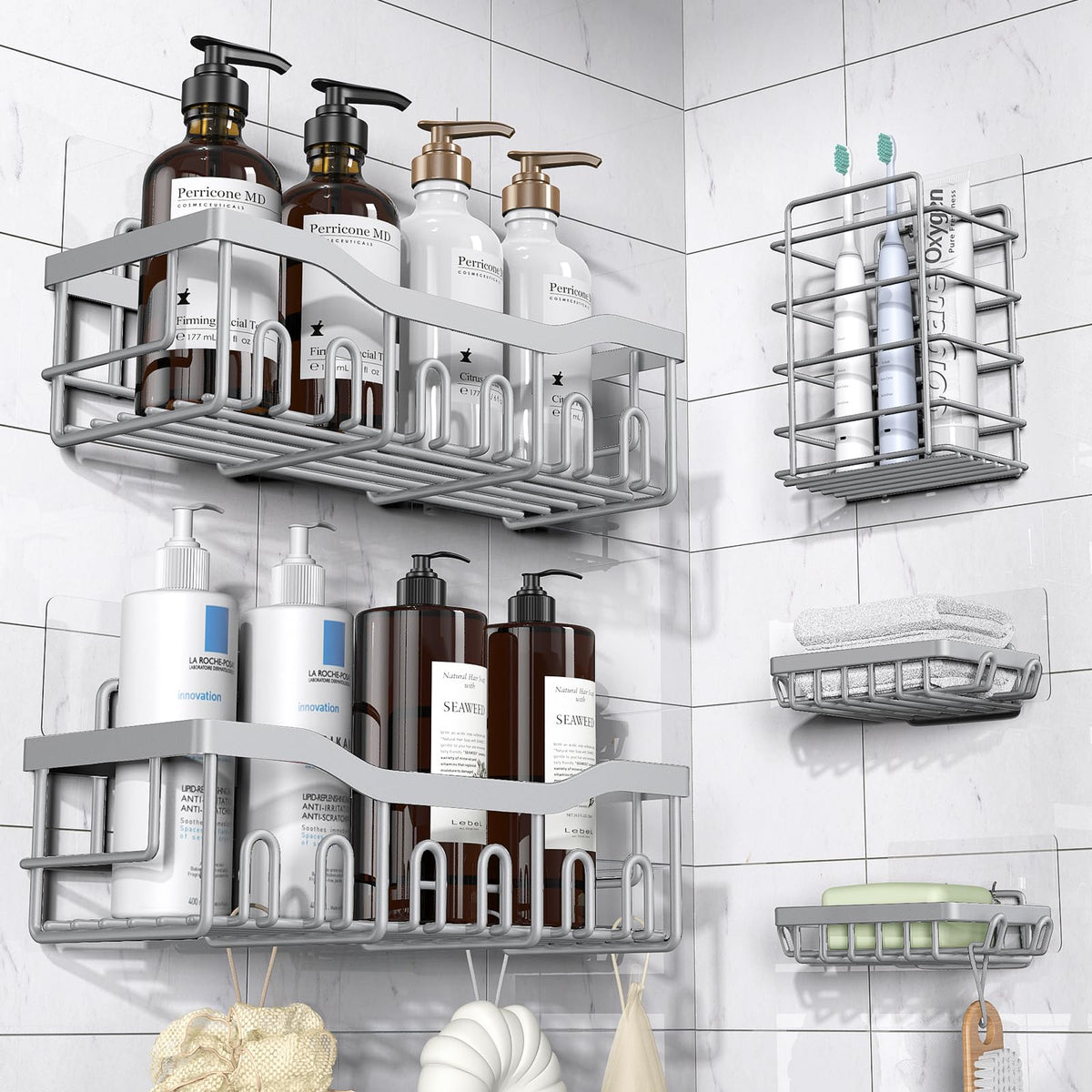 EUDELE 5-pack shower caddy set mounted on wall for organized bathroom storage