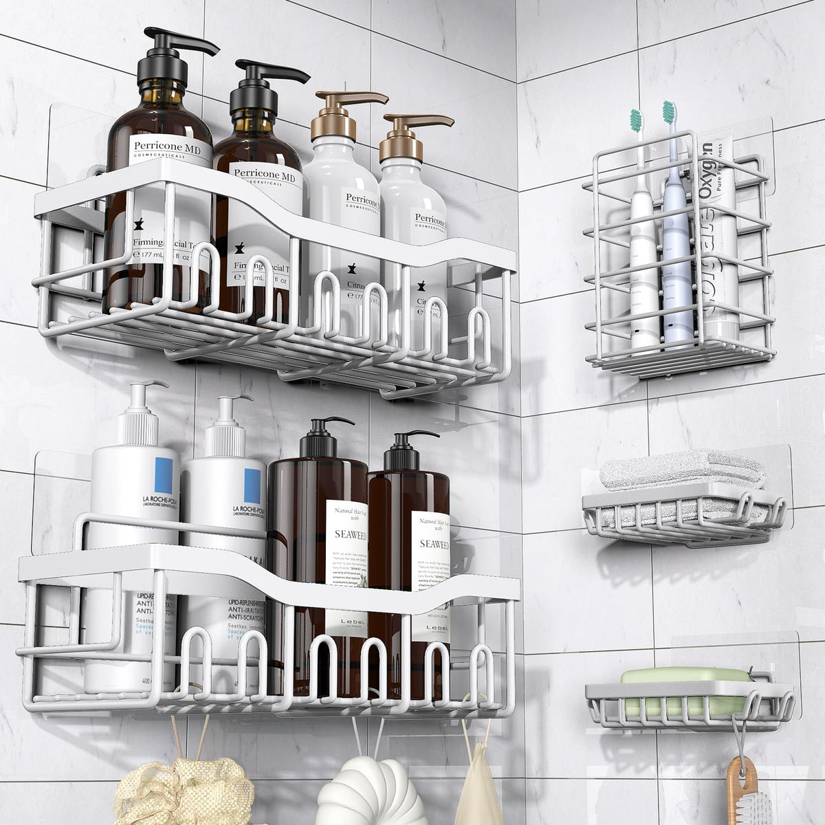 EUDELE shower caddy inside shower stores shampoos and soaps neatly for easy access.