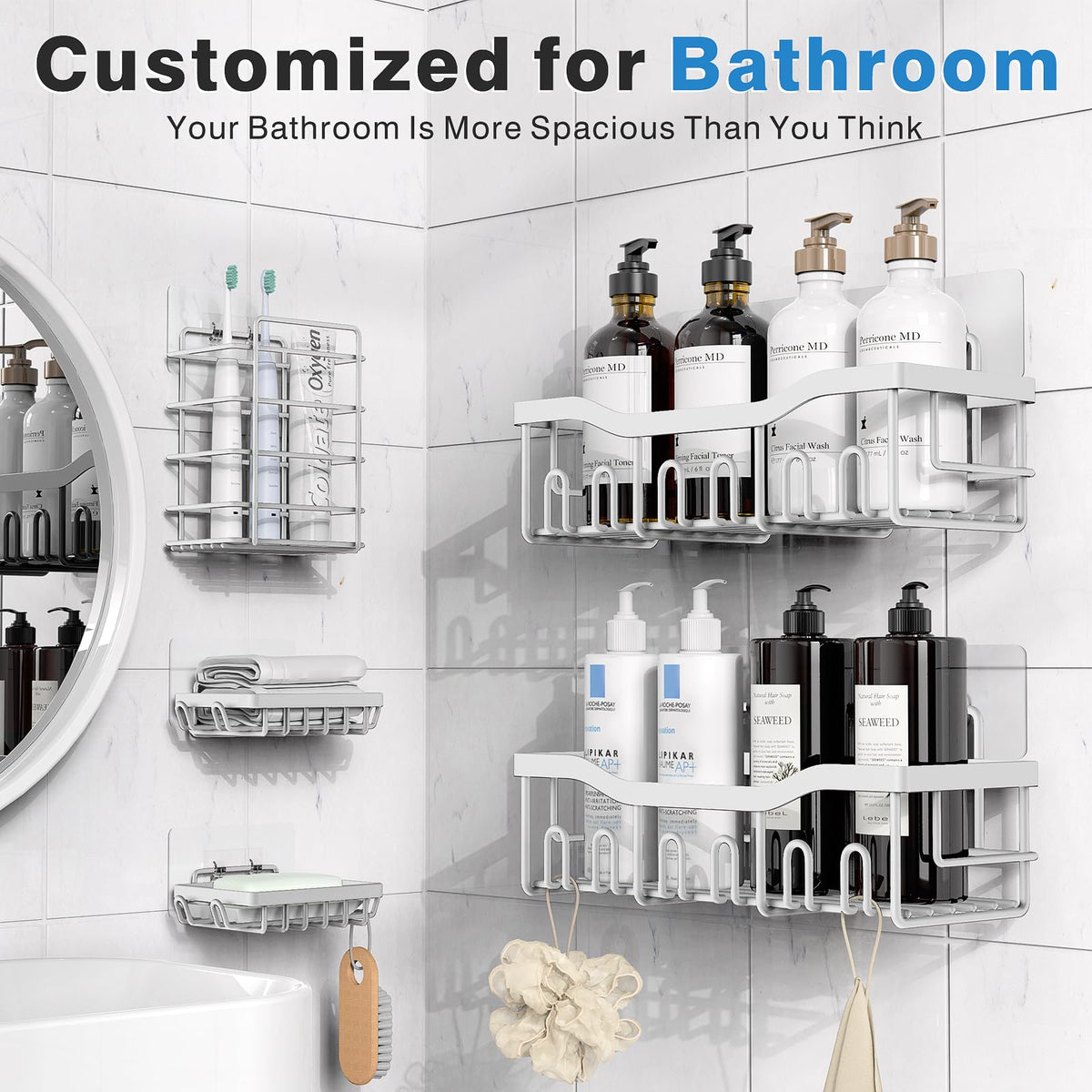 EUDELE stainless steel shower shelf wall mount highlights rustproof durability for humid bathrooms.