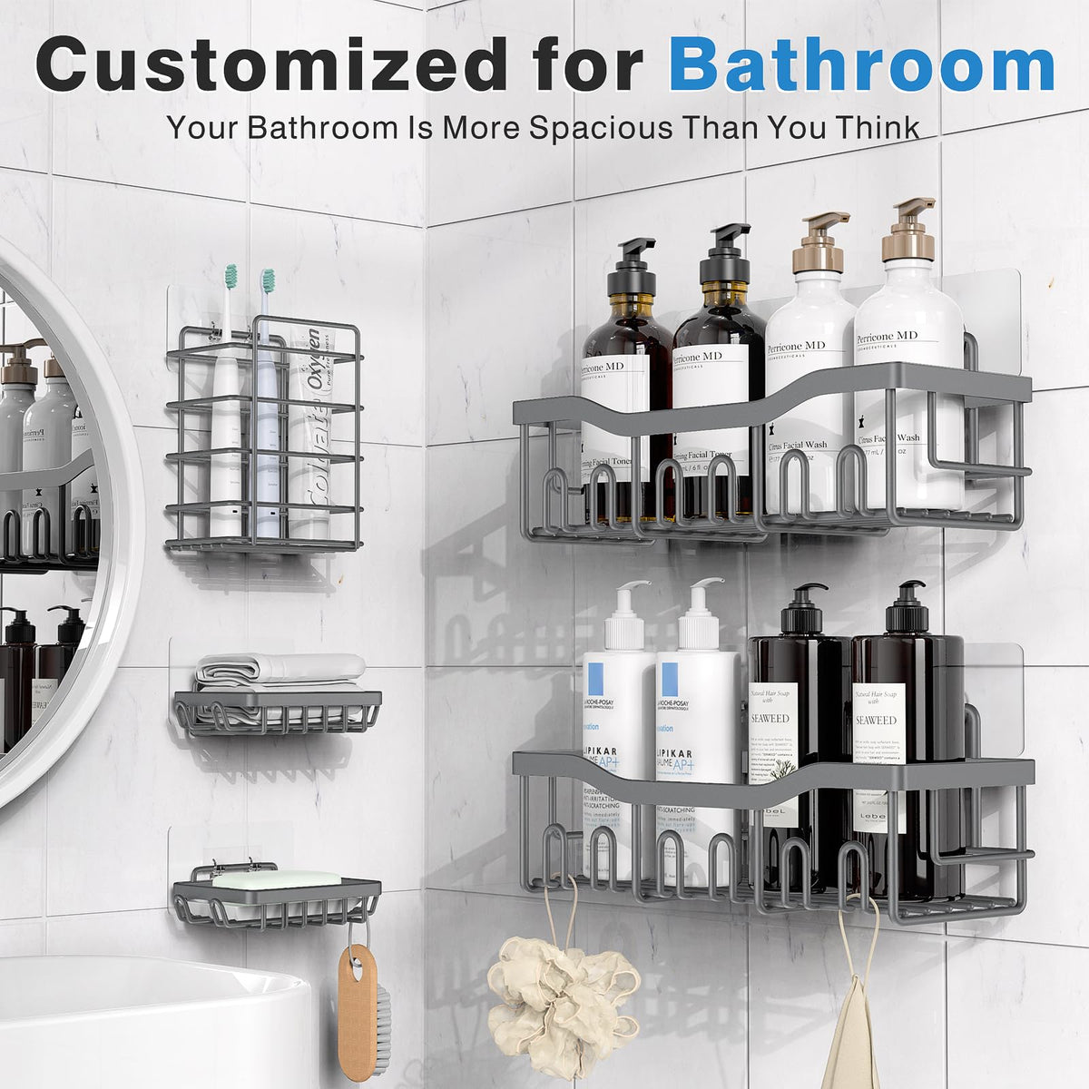 EUDELE stainless steel shower shelves close-up, highlighting rustproof SUS304 construction.