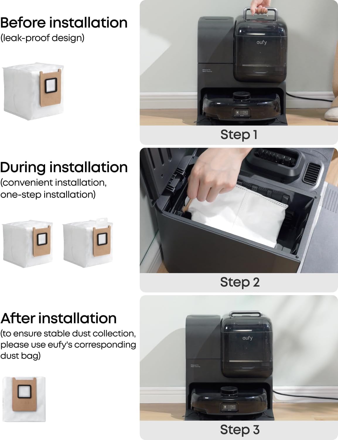 eufy dust bag 3L compatible with E25, E28, E20, and C28 vacuums.