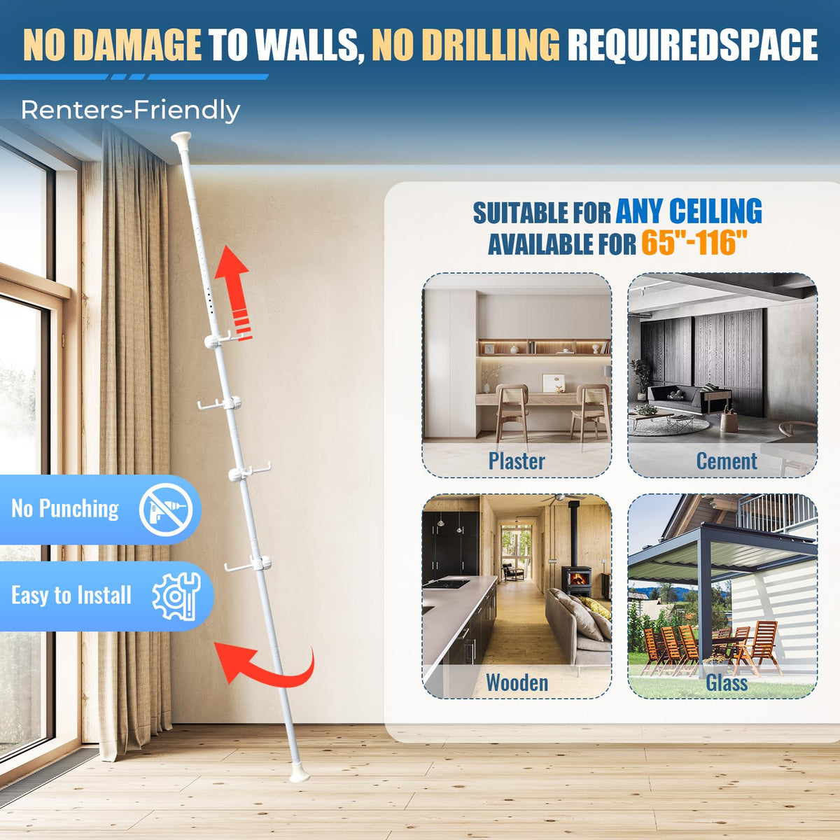 EUIJOIP adjustable-height tension rod adapts to entryways, corners, or baths.