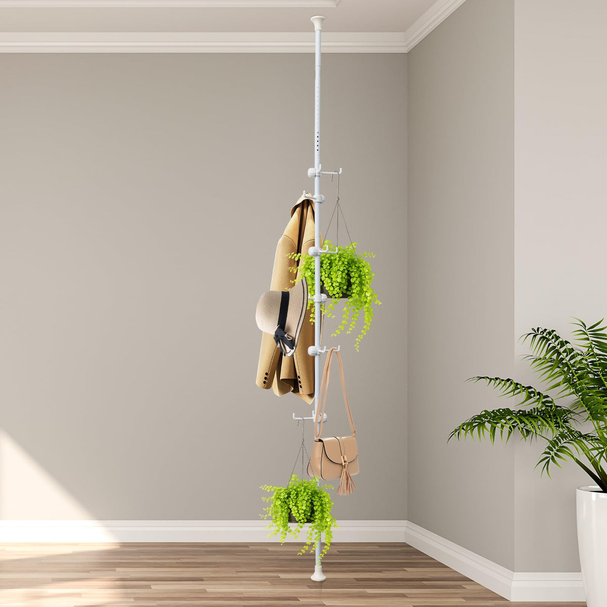 EUIJOIP corner coat rack with 12-hook tension rod for space-saving organization.