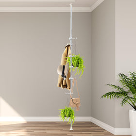 EUIJOIP corner coat rack with 12-hook tension rod for space-saving organization.