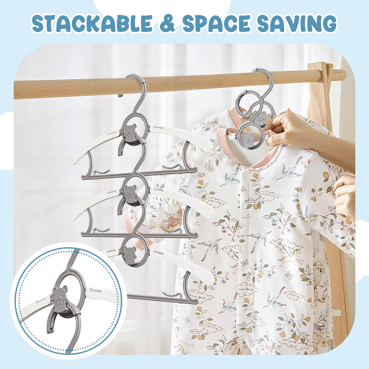 Eunhdet gray baby hangers in a nursery setup suitable for all ages.
