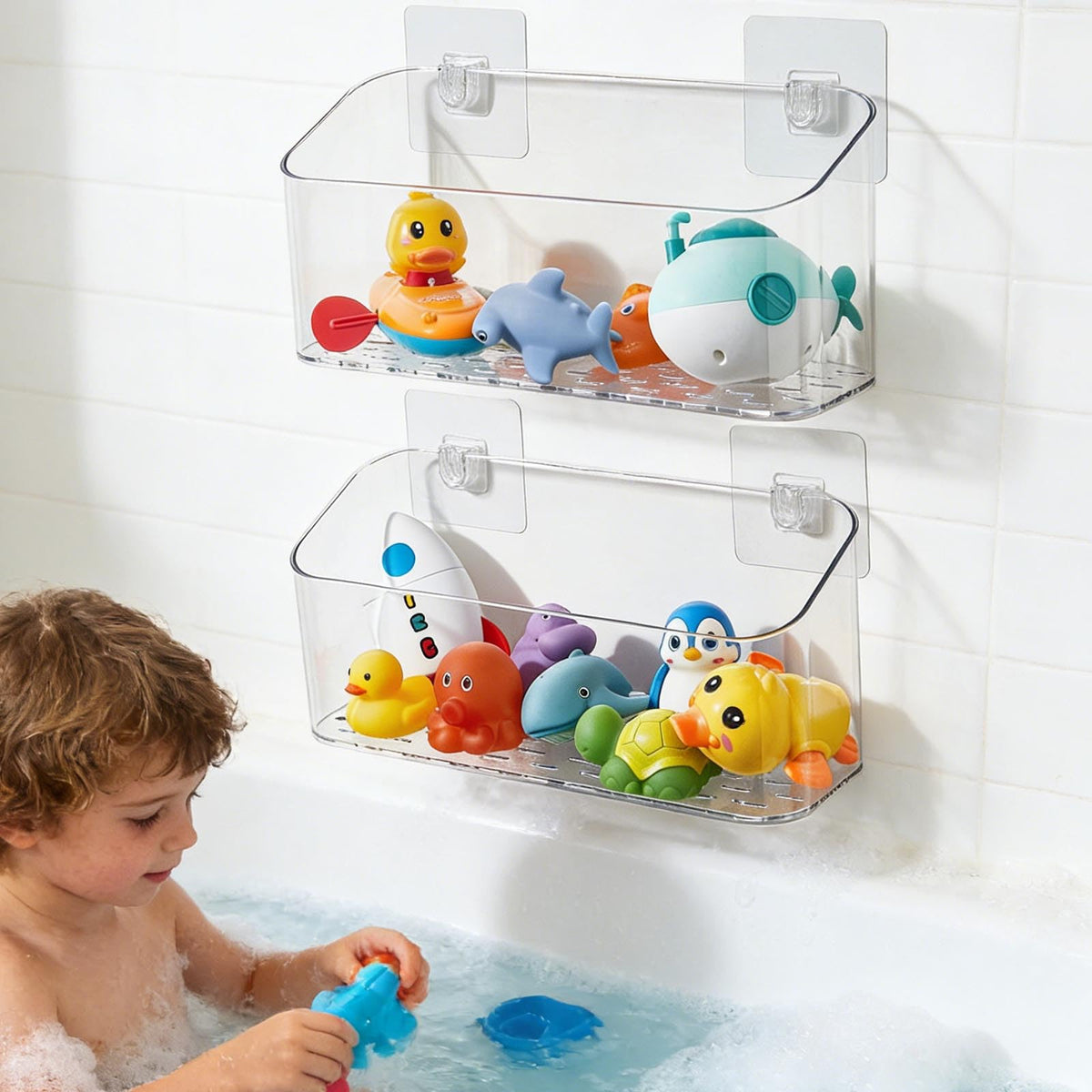 Eunion bath toy storage with adhesive holds up to 22 lbs securely.